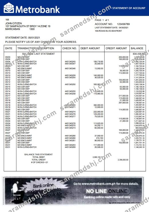 United Kingdom Metrobank bank statement in Word and PDF format